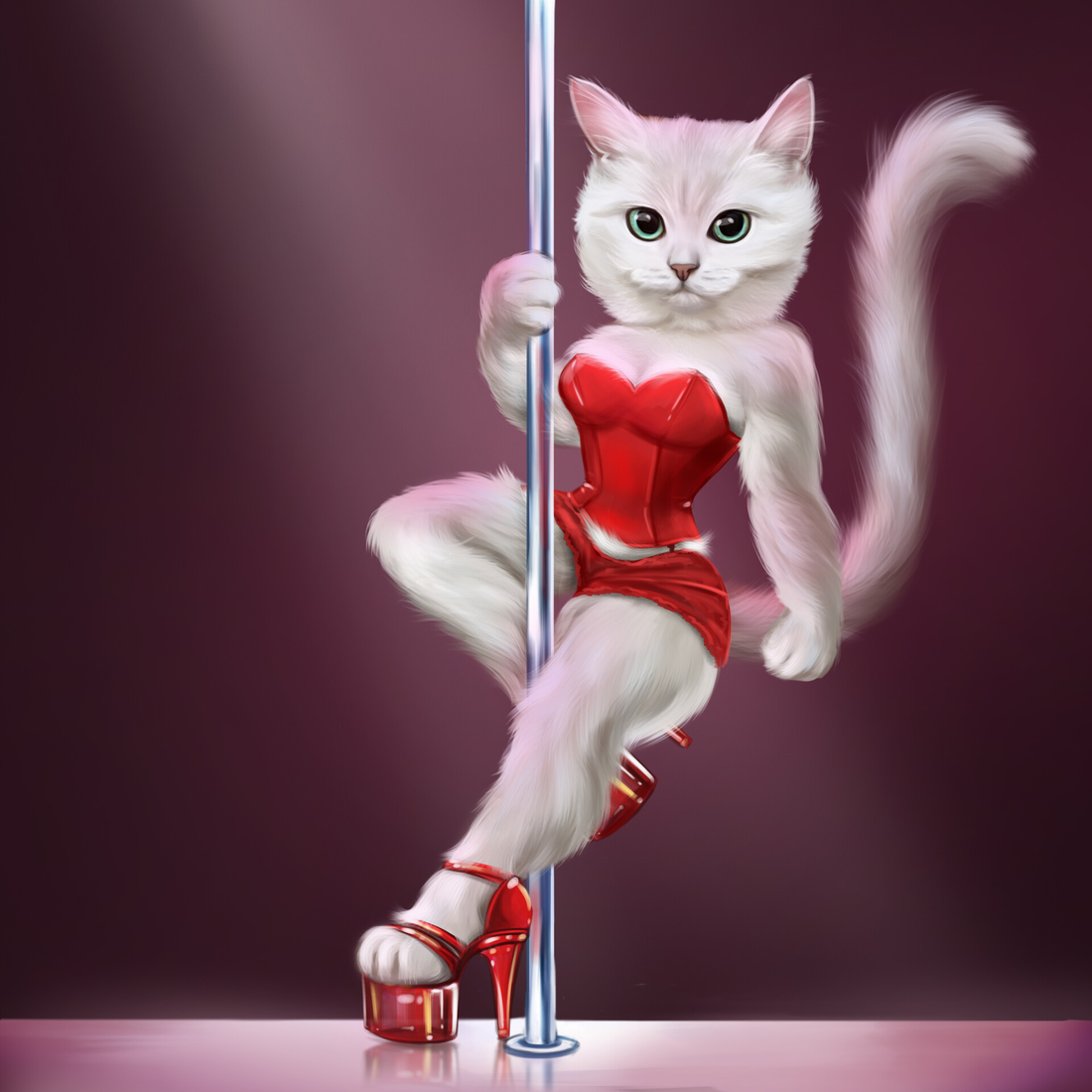Gata bailando en el tubo con corsé rojo
